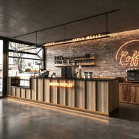 Koffiecounterdecoratie voor een verse fruitsapbar in een luchthavenwinkelcentrum, koffieshopontwerp, volledig winkelontwerp