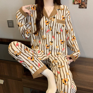 Set Pigiama <span class=keywords><strong>Donna</strong></span> Primavera e Autunno in <span class=keywords><strong>Cotone</strong></span> Nuvola con Cardigan a Collo Alto e Pantaloni Larghi Maniche Lunghe Dolce Abbigliamento da Casa Casual - Product Image 3