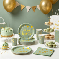 Vaisselle de fête vert sauge la plus vendue, décorations d'anniversaire estampées à chaud, assiettes, gobelets et serviettes en papier jetables