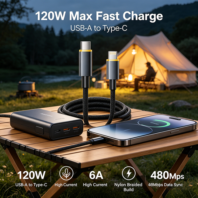 120W 6A Fast Charging USB-A to Type-C Nylon Braided Cable with 480Mbps Data Sync for Mobile Phones