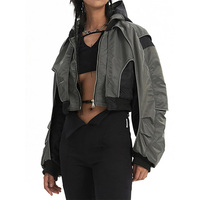 Haute qualité femmes à capuche à manches longues Patchwork fermeture éclair Vintage veste Colorblock épissé plis culture femmes Bomber veste