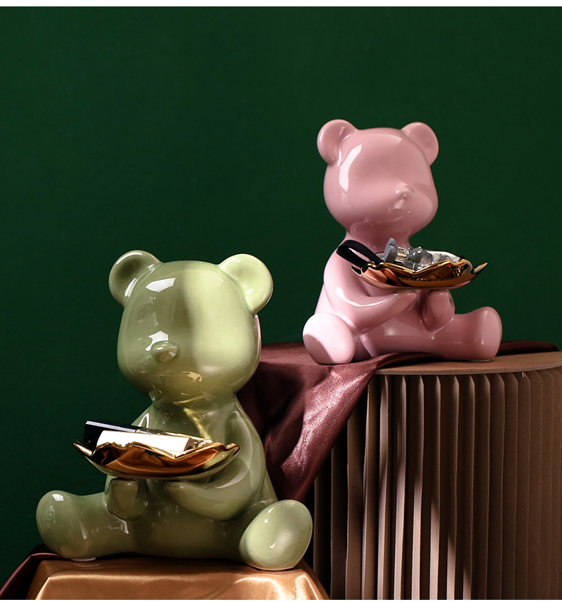 くま　置物 セラミック動物の置物クマの彫刻収納メタルトレイリビングルームの