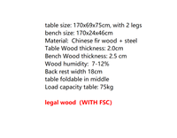 Ensemble de table à bière de 170 cm avec dossier amovible, table de pique-nique pliante en bois avec 2 bancs, ensemble de 3 pièces pour 8 personnes