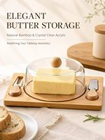 Boîte à beurre en bambou avec couvercle anti-poussière transparent, motif végétal, boîte de rangement pour fromage et beurre, couteau et cuillère, conteneur alimentaire écologique pour la cuisine