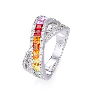Bague de fiançailles de luxe personnalisée en or blanc massif 18 carats plaqué rhodium, design croix, saphir coloré taille princesse, bijoux fins - Product Image 1