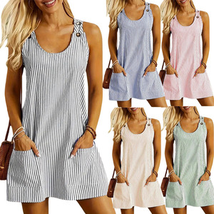 Nouvelle Robe Décontractée à Col Rond avec Poches et Bretelles Rayées, Boutons, Robe Courte d'Été Unie Sans Manches pour Femme - Product Image 6