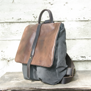 <b>Canvas</b> and Leather Backpack <b>Rucksack</b> Hiking Camping Vintage Rolltop Unisex Bag for Men and Women LCB-0100 - Product Image 1