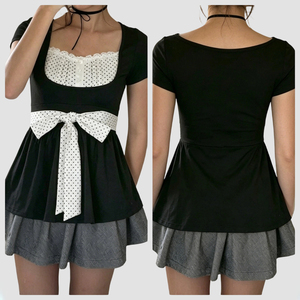 Haut court à manches courtes style français doux, imprimé pois noir et blanc, boutonné sur le devant, avec détail de nœud, patchwork, col carré, mignon et jeune - Product Image 1
