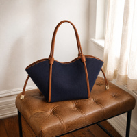 Bolso Tote de Lona Azul Marino con Detalles en Cuero PU, Bolso de Mano Elegante y Moderno para Mujer, Diseño Chic para Uso Diario, Personalizable OEM