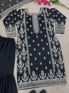 Conjunto de Palazzo y Kurta de Georgette, 3 Piezas, Conjunto de Kurta, Palazzo y Dupatta, Kurtis para Mujer en India, Ropa Étnica India para Mujer - Product Image 4