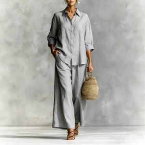 Women's Cotton <b>Linen</b> Suit Set <b>Wide</b> <b>Leg</b> Pants Solid Color Casual Style SMLXLXXL3XL4XL5XL Europe And America - Product Image 2
