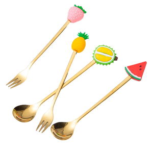 Juego de 6 Cubiertos de Acero Inoxidable Dorado con Diseño de Frutas, Mangos de Silicona, Acabado Espejo, Marca BOFA, Logotipo Personalizado, para Té, Café y Postre - Product Image 1