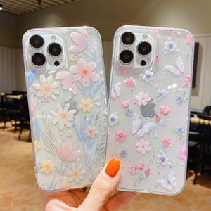 Étui pour iPhone avec imprimé floral mignon, étui de protection fin en TPU transparent avec paillettes époxy pour iPhone <span class=keywords><strong>13</strong></span> Pro Max 14 12 - Product Image 2