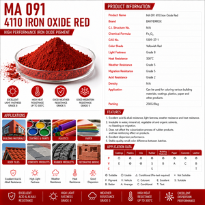 Ossido di Ferro Rosso 4110, Colorante Solvente Resistente al Calore 300°C, Grado <span class=keywords><strong>8</strong></span>, Resistente alla Luce, per Rivestimenti, Plastica, Cemento, Vernice, Gomma - Product Image 2