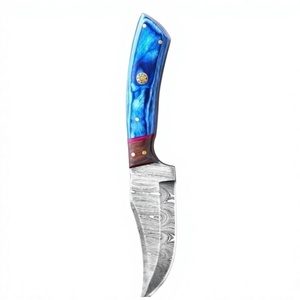 Couteau de chasse en acier Damas à pointe tombante, manche bleu, épaisseur 0,6 mm, bord biseauté, couteau de poche pour la survie en extérieur - Product Image 1