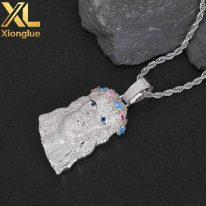 <b>Mens</b> Diamond Jesus Head Pendant Inlaid Colorful Zircon <b>Silver</b> Gold Jesus Face Christ Pendant - Product Image 4