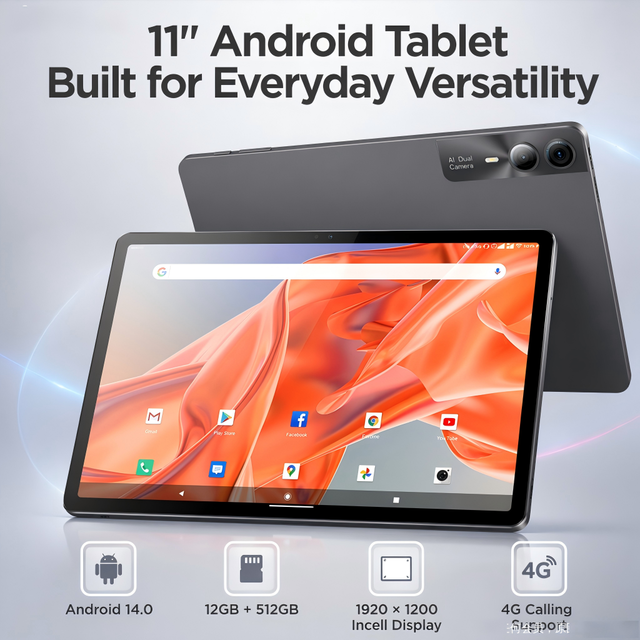 11 Inch Android 14 Tablet with SIM Card 12GB 512GB 4G LTE Unlocked Gaming Business Tablet PC OEM ODM Office Pad