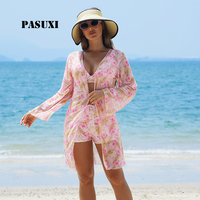 PASUXI Luxury 3 Piece Bikini Set Plus Size XXL High Waist Swimsuit with Long Sleeve <strong>Cover</strong> <strong>up</strong> V Neck Multicolor Print <strong>Beachwear</strong>