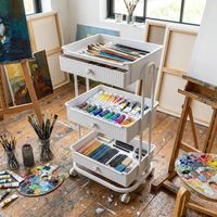 Chariot de rangement à 3 niveaux pour fournitures artistiques, blanc, avec roulettes, pour pinceaux, pigments, organisateur pour studio de peinture d'artiste