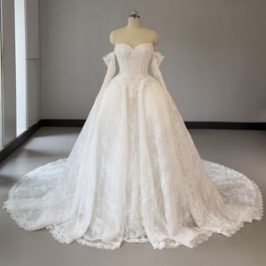 MQW02378 Princess Style Long Sleeve <strong>Basque</strong> Waist Beaded Lace Wedding <strong>Dress</strong> for Bride - Product Image 1