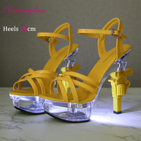 Sandales de pole dance pour femmes, 14 cm, talon épais, cristal, LED, nouvelle décoration en plumes, vente en gros