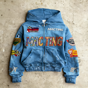 OEM Rhinestone Zip up Acid Wash DTG Printing men Hoodie French Terry Cotton Hoodie&Sweatshirts - Product Image 1