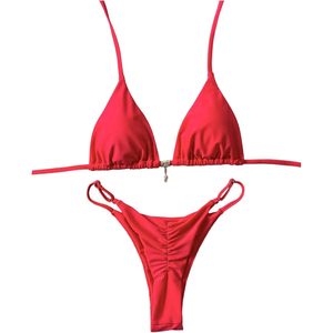 RoseSeek Ensemble de bikini 2 pièces pour femme, haut de bikini triangle à nouer, coupe haute, froncé, maillot de bain extensible - Product Image 1