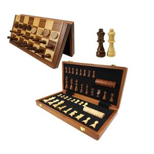 Factory hot sale 15" inch magnetic wooden chess game set with 2 extra queens wood portable folding chess board