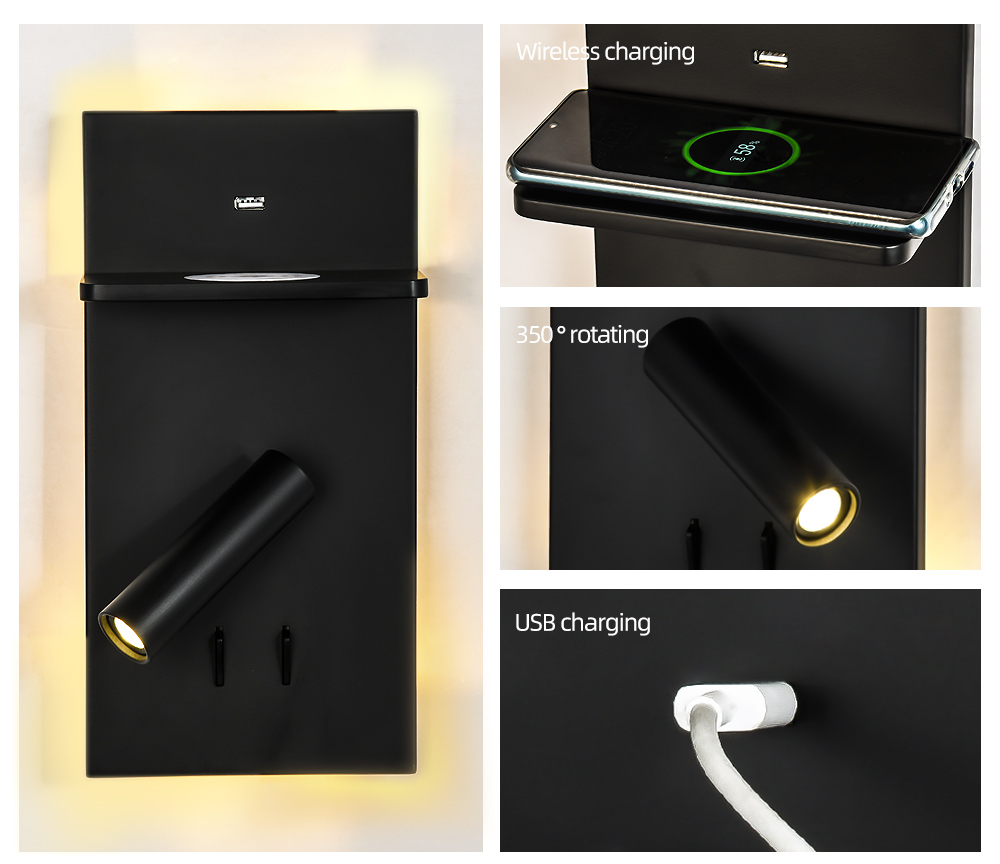 Wholesale Supply Oem Odm Wireless Usb Charging Metal Adjustment Led Bedside Wall Lamp For Bedroom