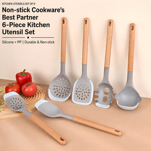 Ustensiles de cuisine en silicone avec manche en bois de hêtre de qualité supérieure, 6 pièces, anti-rayures, de qualité alimentaire, écologiques, compatibles lave-vaisselle, ensemble d'accessoires de cuisine - Product Image 3