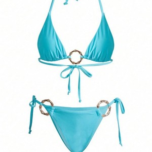 Ensemble 3 pièces maillot de bain bleu pour <span class=keywords><strong>femme</strong></span> avec décorations métalliques, maillot de bain deux pièces dos nu à lacets, tenue de plage été 2026, nouveau cache-maillot en maille et jupe portefeuille - Product Image 3
