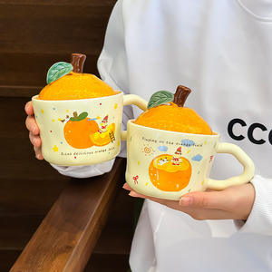 Mug en céramique orange avec couvercle, design de dessin animé, pour le bureau, la maison, cadeau, tasse, pièce unique - Product Image 5