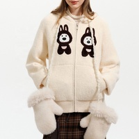 Veste en cachemire pour femme avec capuche oreilles d'ours mignonnes, en tricot moelleux et pelucheux, broderie de lapin de dessin animé, fermeture éclair, vêtement d'extérieur décontracté d'hiver