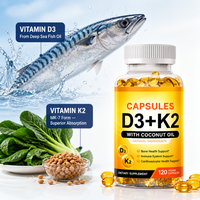 Capsules de Vitamine D3 K2 MK7 5000 UI à l'Huile de Coco pour les Os, l'Immunité et le Système Cardiovasculaire, Végétaliennes, 120 Comprimés Quotidiens