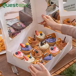 Kotak kertas putih dapat dilipat jendela pvc kustom 6 12 24 lubang mini cup kue muffin kemasan cupcake kotak kue pernikahan