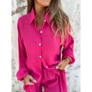 Nuevo Conjunto de 2 Piezas de Moda para Mujer, Camisa de Manga Larga de Lino y Algodón de Color Sólido Informal y Pantalones Cortos - Product Image 5