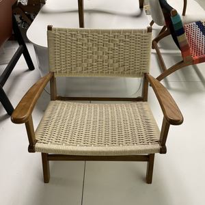 Fauteuil en corde nordique, chaise en rotin en bois de frêne, chaise simple pour balcon, chaise en rotin tressé en bois massif, fauteuil de détente moderne en crème - Product Image 2