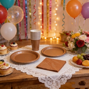 Juego de Vajilla Desechable DAMAI, Platos, Vasos, Servilletas y Pajitas de Papel Dorado con Impresión Sólida, Forma Redonda Sostenible para Fiestas - Product Image 2