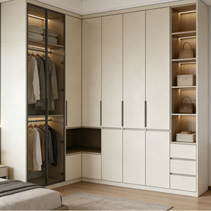 Armadio Moderno Senza Maniglie, Design Elegante in Bianco Crema e Finitura Legno, con Unità Guardaroba Integrata e Scaffalature - Product Image 4