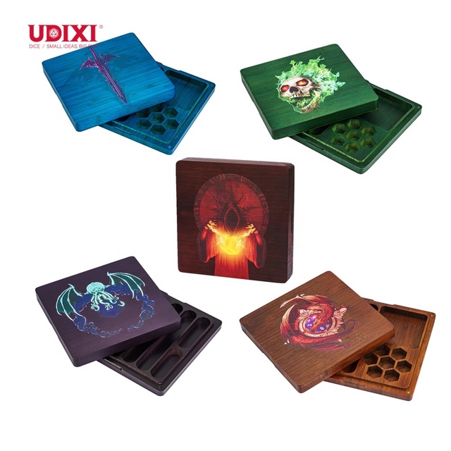 Udixi Bamboo Square Colored Dice Box for Dice Games RPG Candy Storage Dice Case Holder Tray