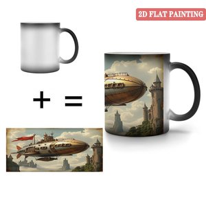 Mug vierge noir givré 11oz en céramique, tasse magique thermosensible avec motif château et dirigeable, peinture 2D à plat - Product Image 4