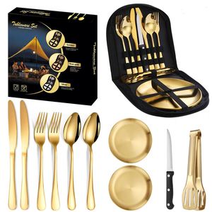 Travel Portable Cutlery Set Outdoor Fork Spoon Stainless Steel Silverware Gold Food <b>Tray</b> - Product Image 1