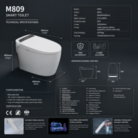 WC intelligent avec télécommande, chasse d'eau électrique automatique, cuvette monobloc avec bidet intégré, forme allongée, siphon en P/S pour l'Australie