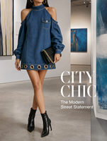 Robe Courte en Jean à Col Halter et Épaules Dénudées pour Femme - Robe en Jean Sexy à Manches Longues Bouffantes avec Œillets Dorés - Bleu Foncé Élégant