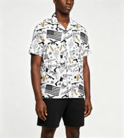 Celana renang motif kartun luar angkasa terlaris, kerah berdiri, kancing, motif digital Hawaii, lengan pendek, ringan, tropis