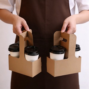 Wholesale Custom logo Recyclable <strong>Handy</strong> Handle 2/4 Cups Kraft Drink Carrier Packing Coffee Cups Craft Paper Cup <strong>Holder</strong> for Cafe - Product Image 1