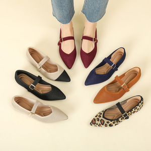 Ballerines plates en tricot pour femmes, à bout pointu, décontractées, avec bride à la cheville, style Mary Jane, confortables pour le bureau et les occasions habillées - Product Image 1
