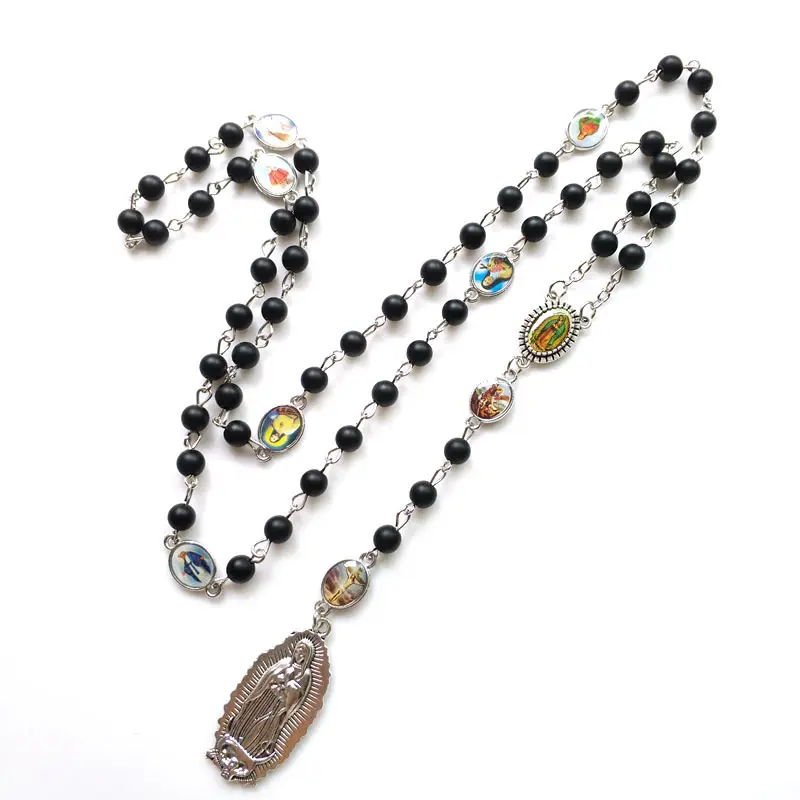 Black Frosted Stone Agate Rose Love Madonna Rosary Seven Sorrows Men and Women Faith Pendant Prayer Cross Necklace