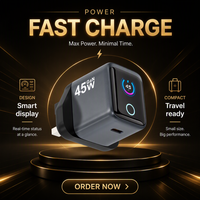 Chargeur mural rapide GaN 45W avec affichage numérique intelligent, adaptateur secteur Type C EU UK US pour ordinateur portable, téléphone, tablette, universel