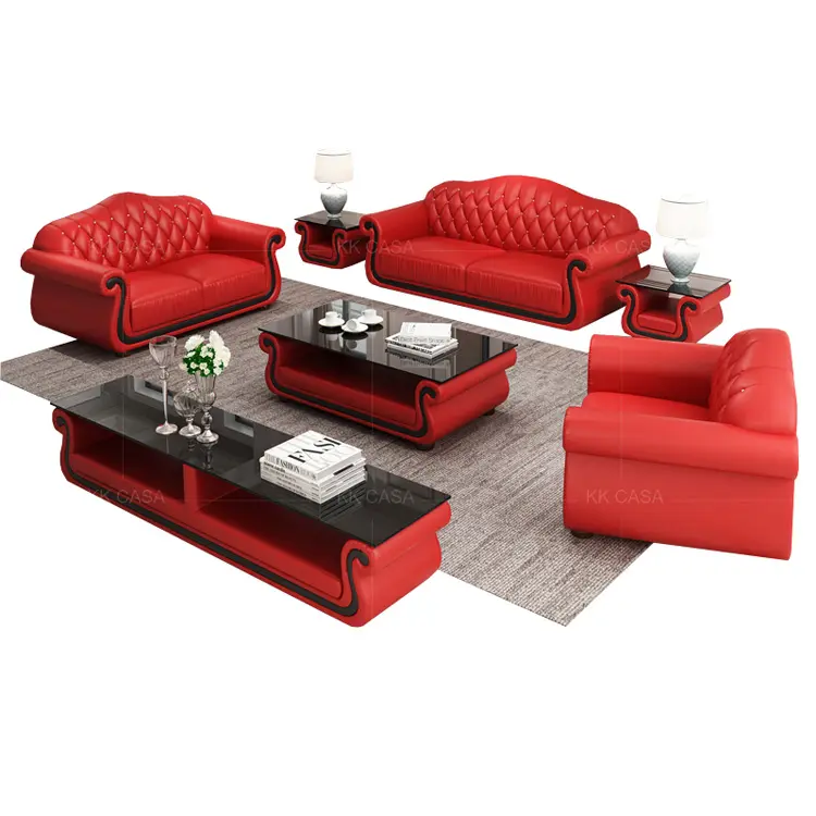 Conjunto de sofás de lujo para sala de estar, conjunto de sofás de cuero rojo y negro, conjunto de sofás seccionales 123